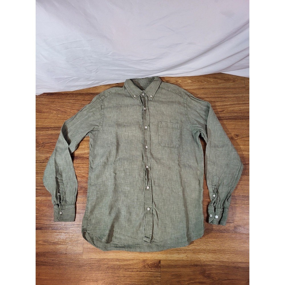 Massimo Dutti Olive Green Linen Button-Down Shirt